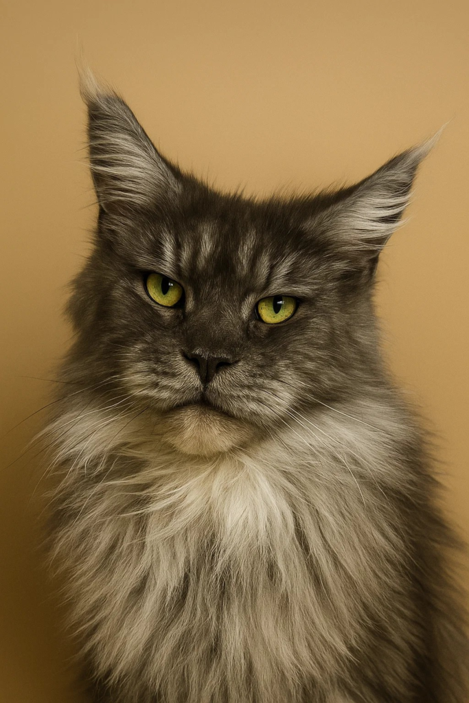 Black smoke Maine Coon with gold eyes in a gold background