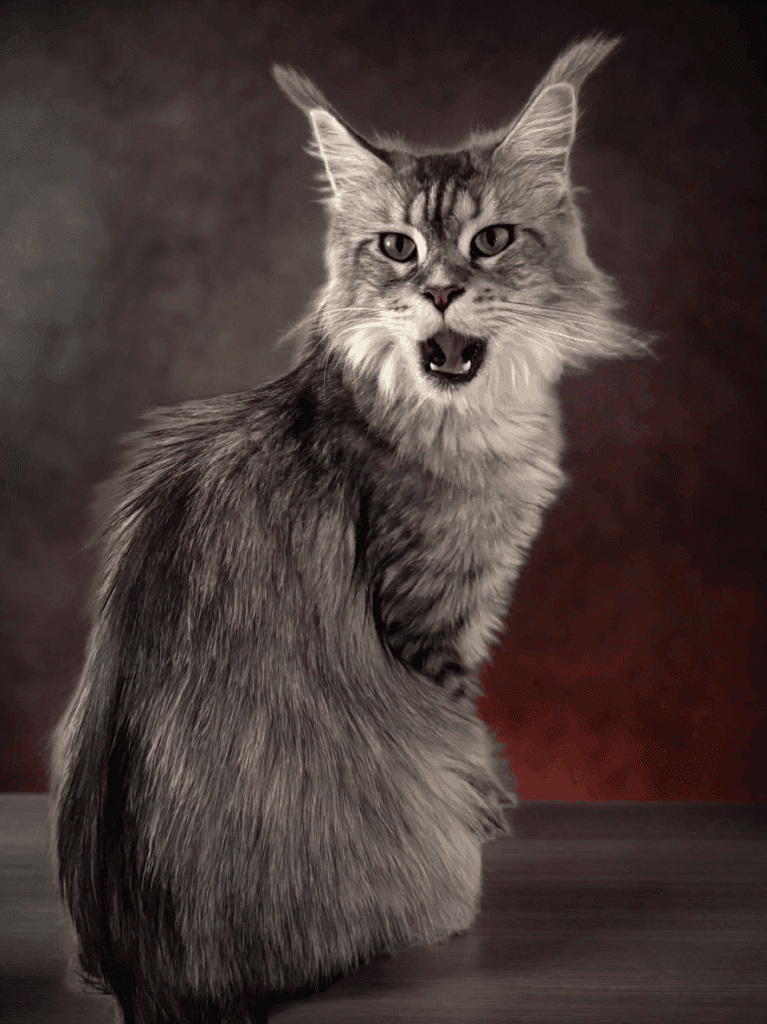 Gretel - Black Silver tabby Maine Coon Female with a red background