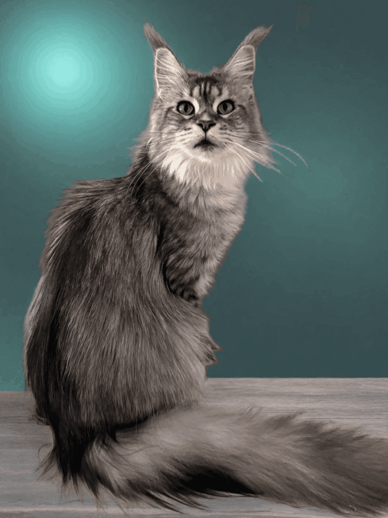 Gretel - Black Silver tabby Maine Coon Female with a blue background
