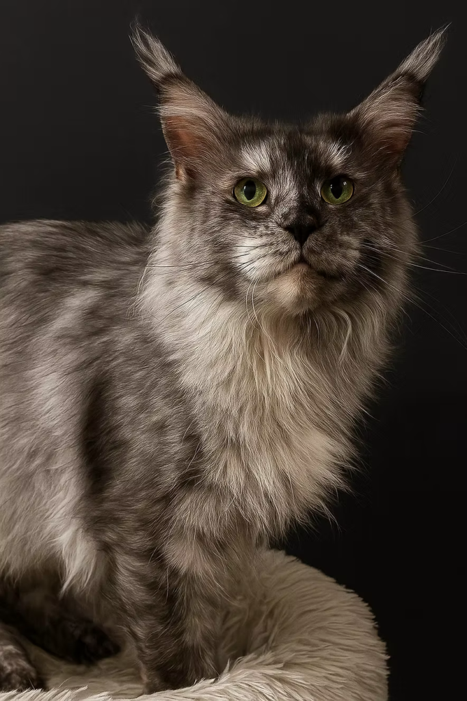 Cassidy - Black smoke tortie Maine Coon Female with a black Blackground