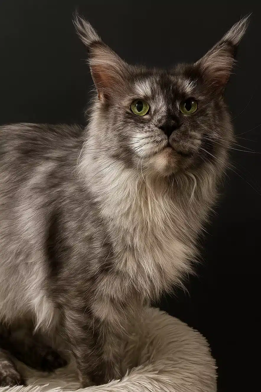 Cassidy - Black smoke tortie Maine Coon Female with a black Blackground