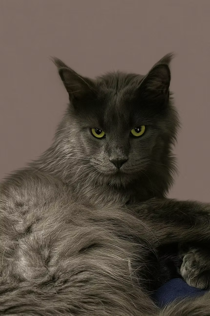 Emilia - Solic blue Maine Coon female looking very serious