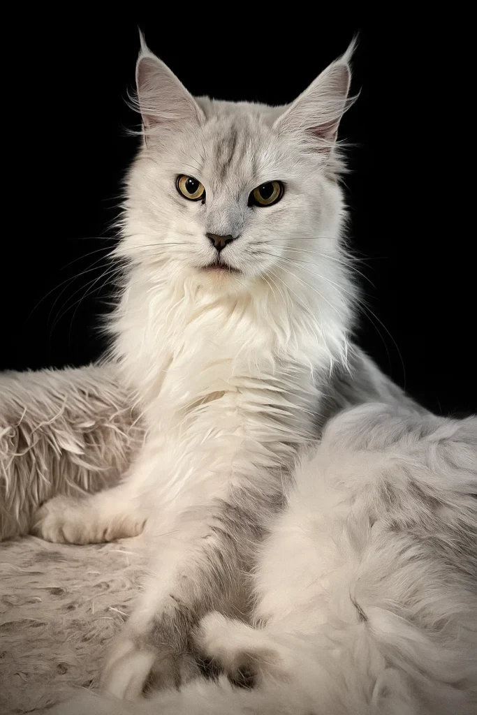 Zoyka - Shaded blue silver Maine Coon Female laying on a bed with a black Blackground