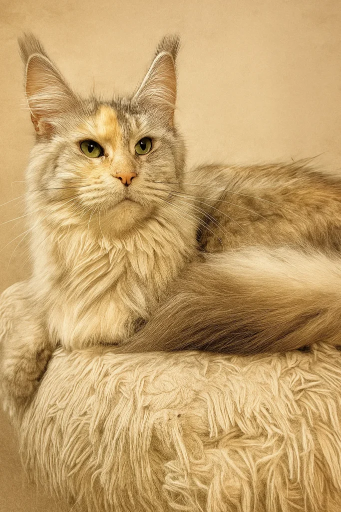 Carlotta - Black silver tortie Maine Coon Female laying down with a gold background