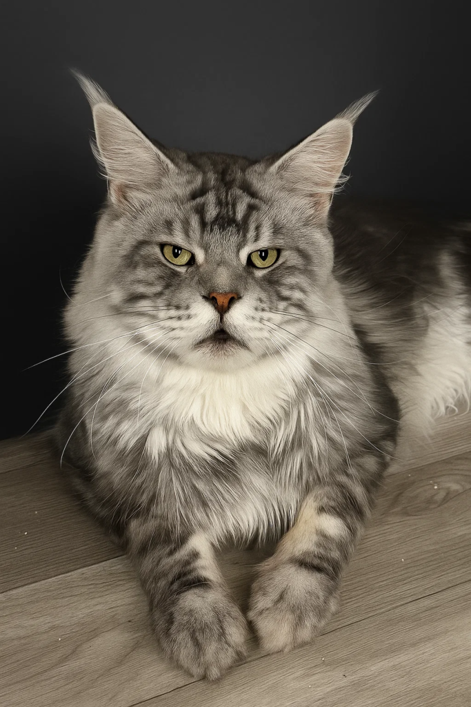 Falkor - Black silver Maine Coon laying on the floor with a dark background