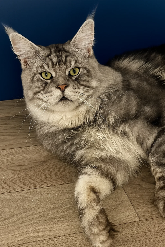 Falkor - Black silver Maine Coon with a blue background