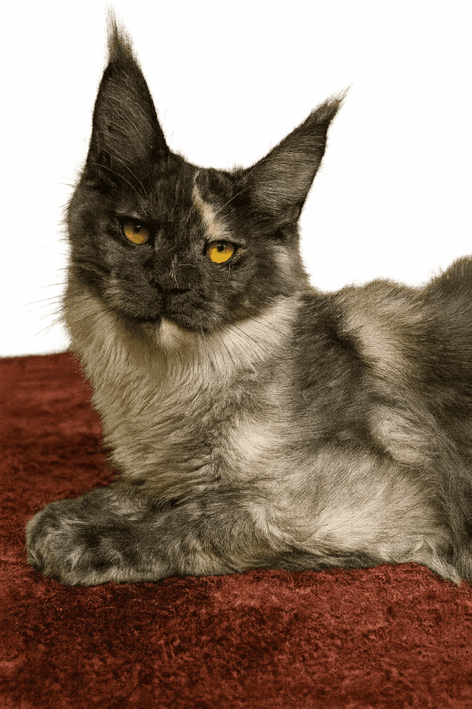 Mistique - Black smoke torite Maine Coon Female laying on a dark carpet