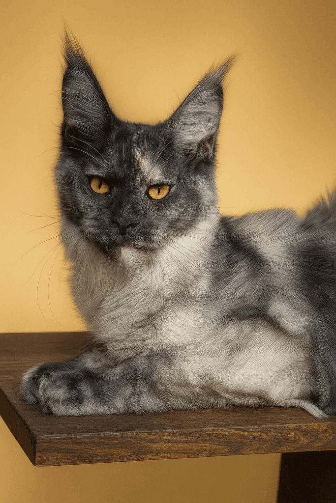 Mistique - Black smoke torite Maine Coon Female with an orange Blackground