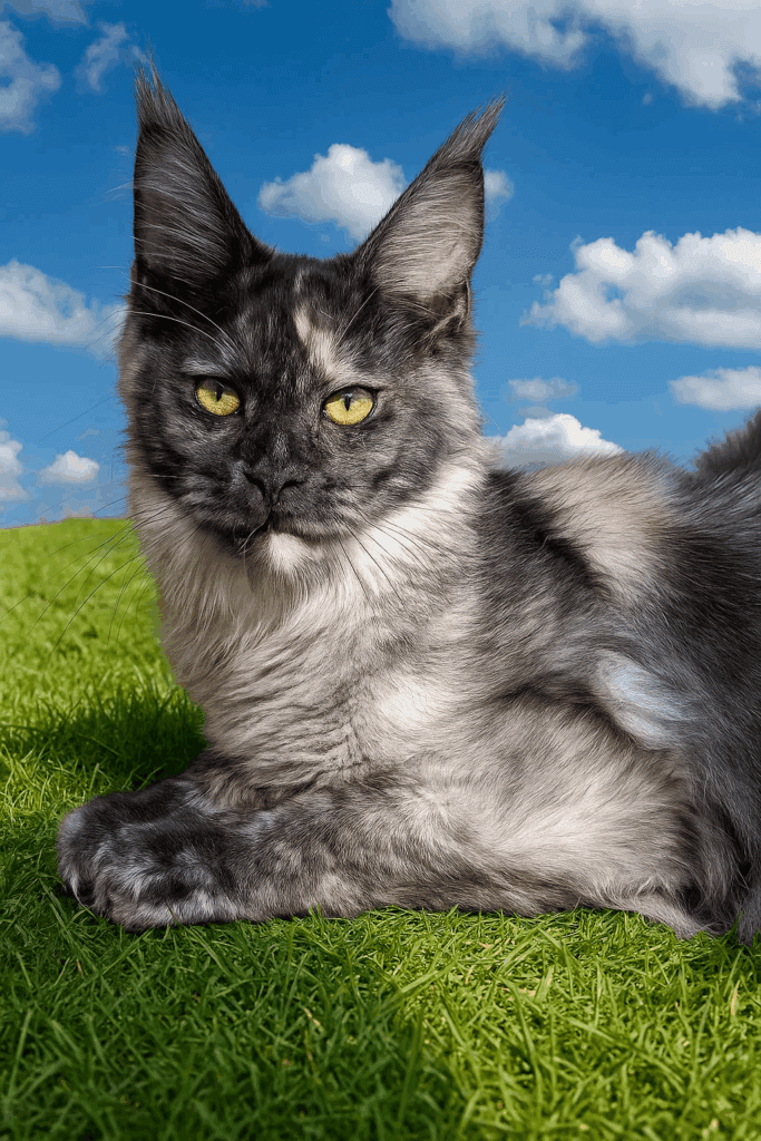 Mistique - Black smoke torite Maine Coon Female Setting on the grass