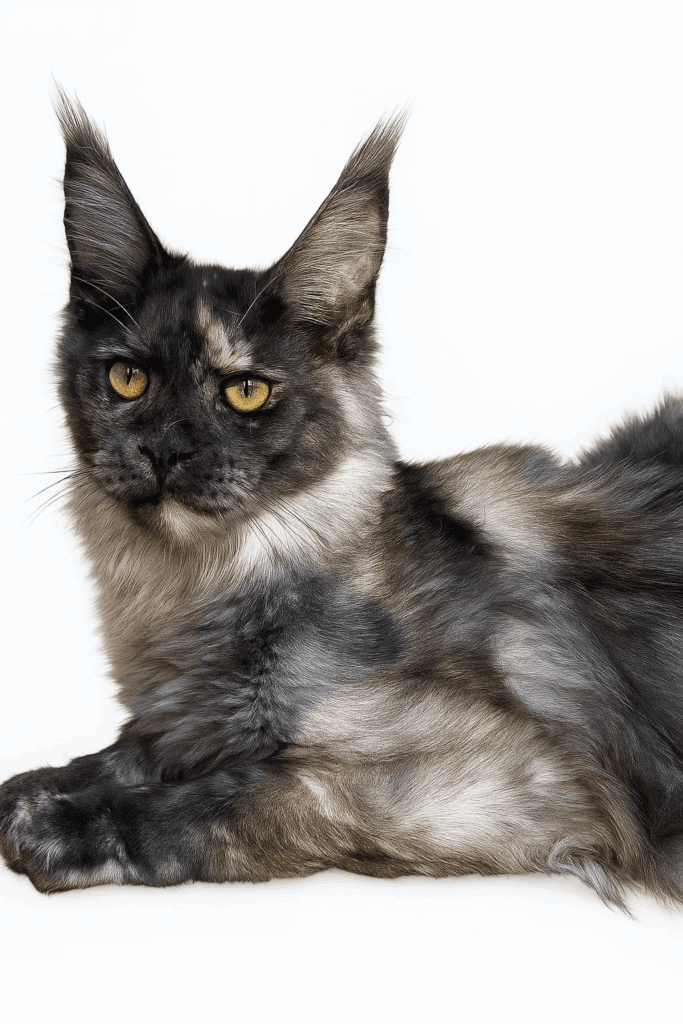 Mistique - Black smoke tortie Maine Coon Female with a white Blackground