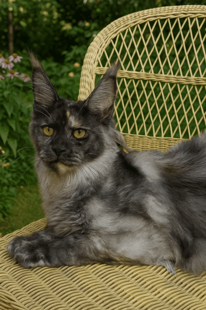 Mistique - Black smoke torite Maine Coon Female Setting on a wicker chair