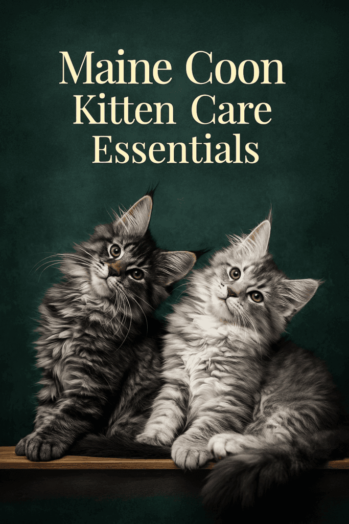 Maine Coon kitten care – two kittens sitting together with a green background