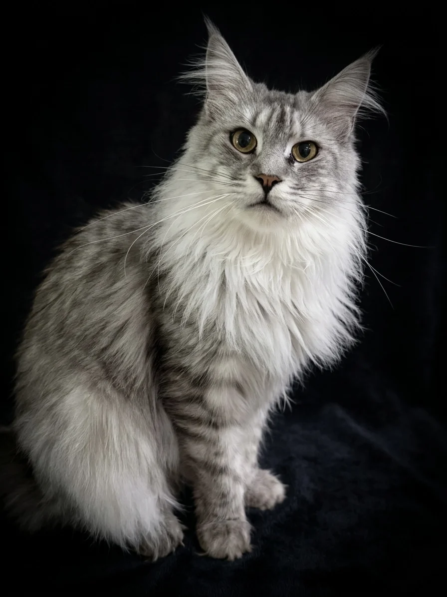 Selene - Black silver Maine Coon female in a dark background with striking green eyes