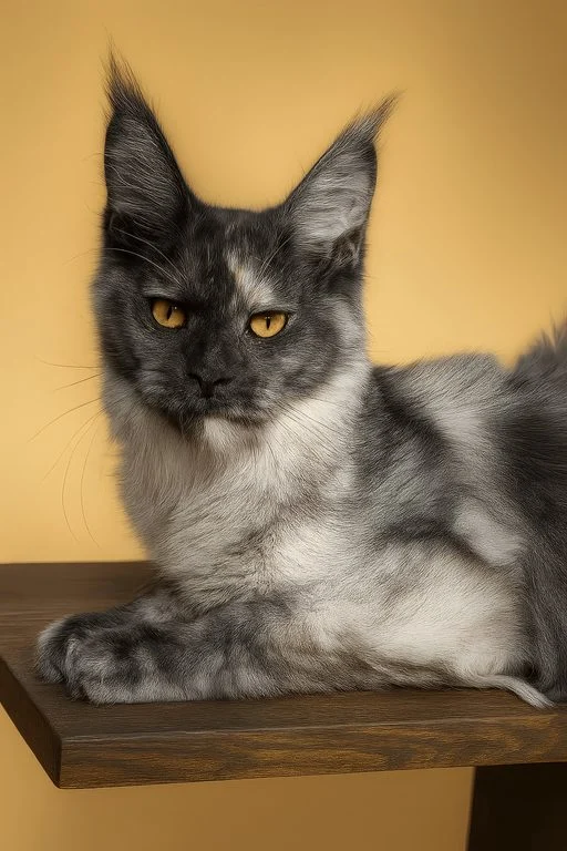 Mistique - Black smoke tortie Maine Coon Female with an orange background