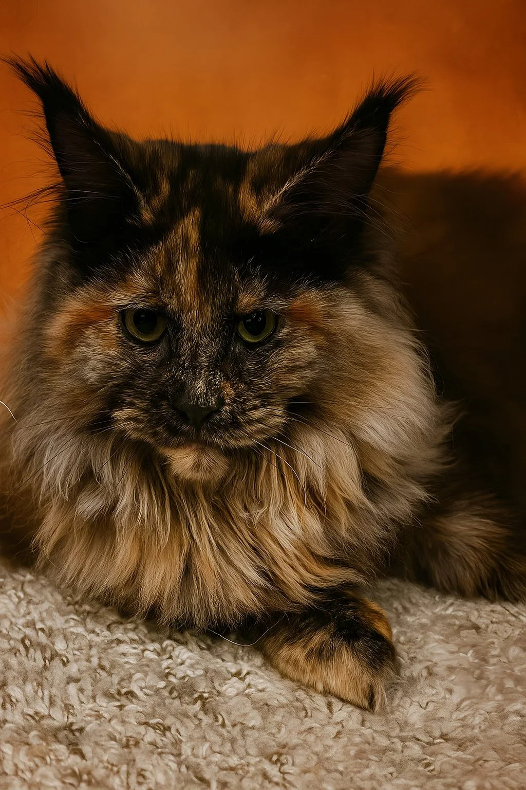 Olivia - Black tortie female Maine Coon with orange Background