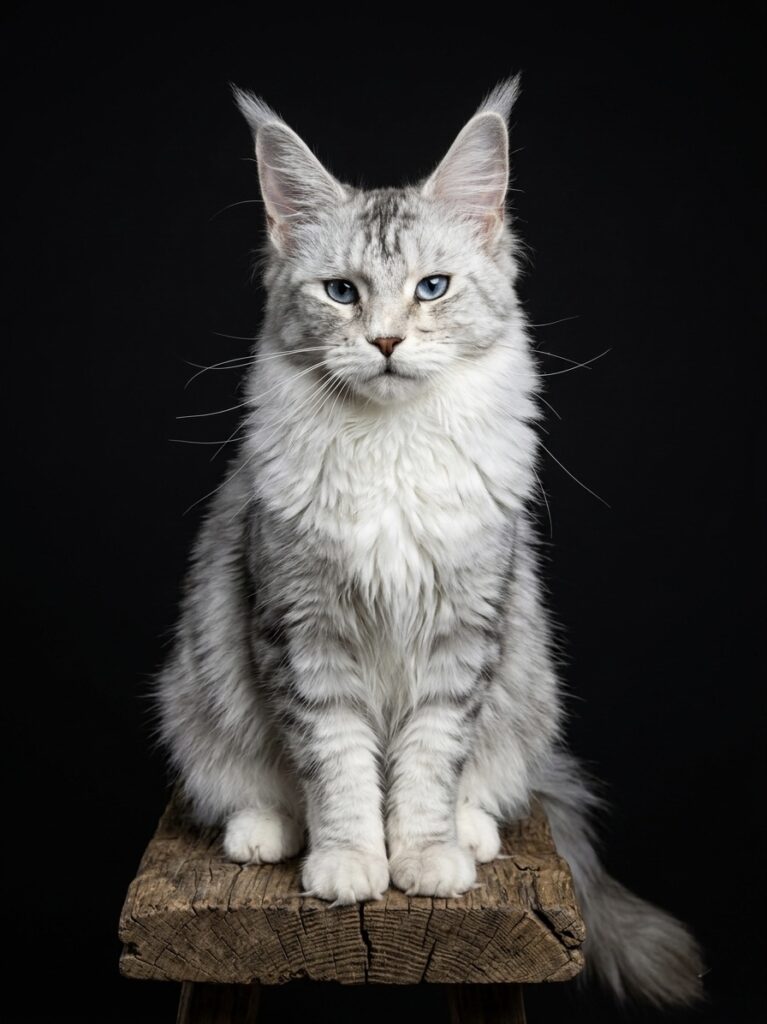 Black silver classic tabby Maine Coon female with beautiful blue eyes sitting on shelve