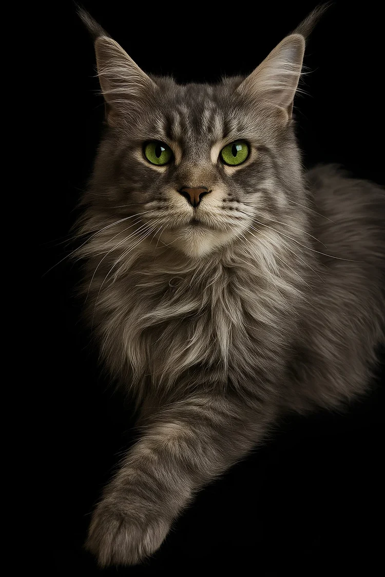 Crystal black silver female Maine Coon with beautiful green eyes and soft fur coat