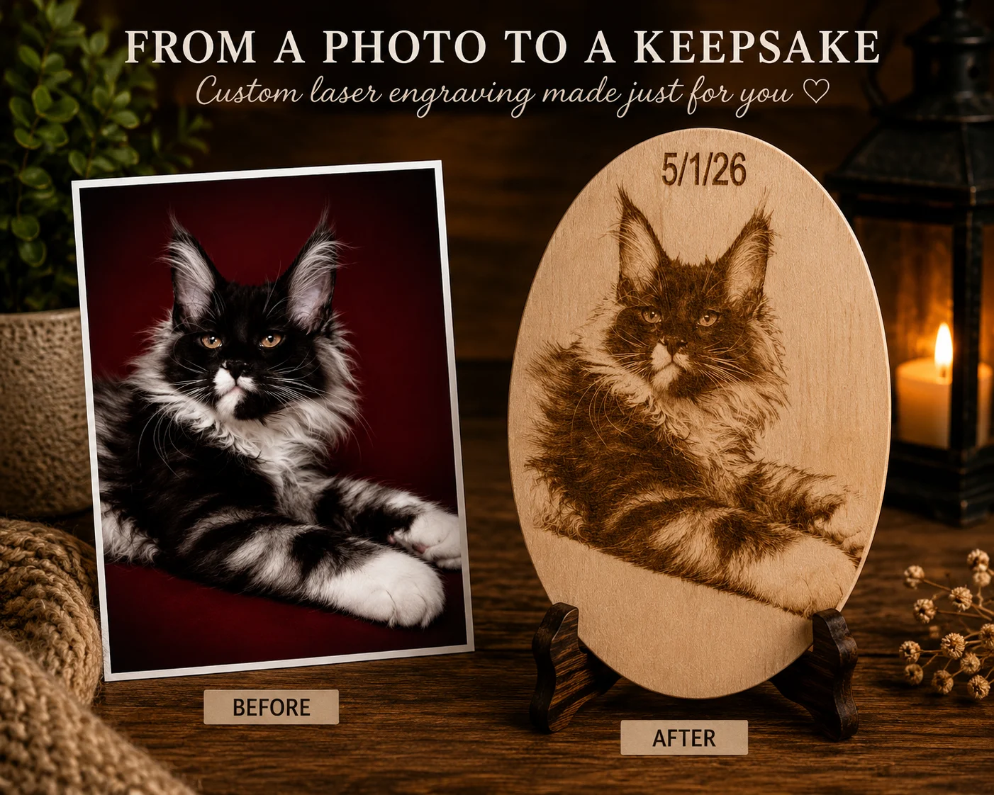 Black and white Maine Coon kitten engraving