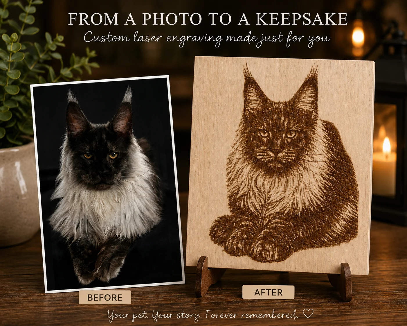 Black smoke Maine Coon adult engraving