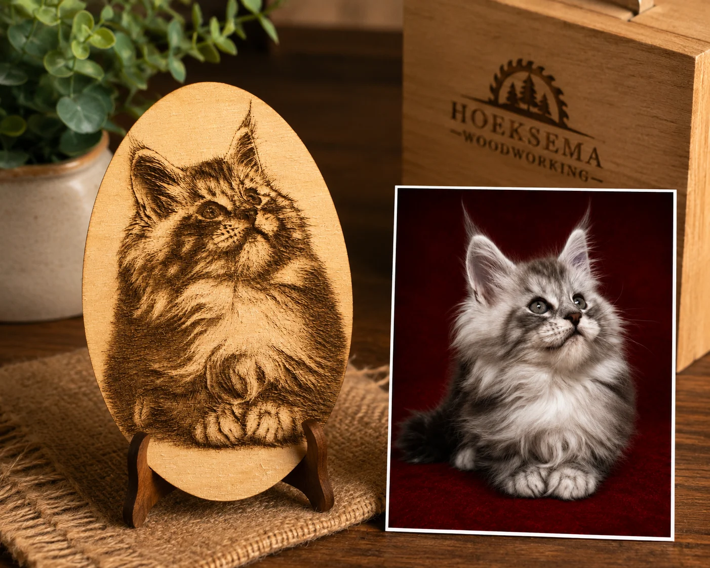 Engraving of a black silver Maine Coon kitten
