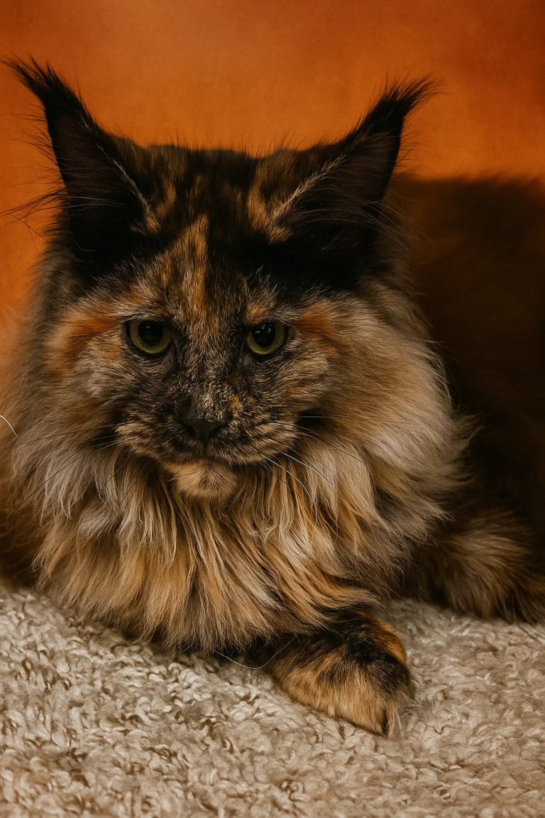 Black tortie Maine Coon female with orange background