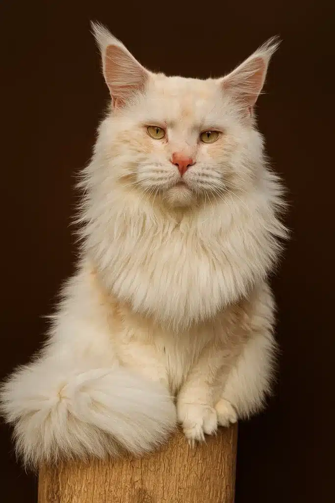 Red shade Maine Coon Cat setting on a tree stump