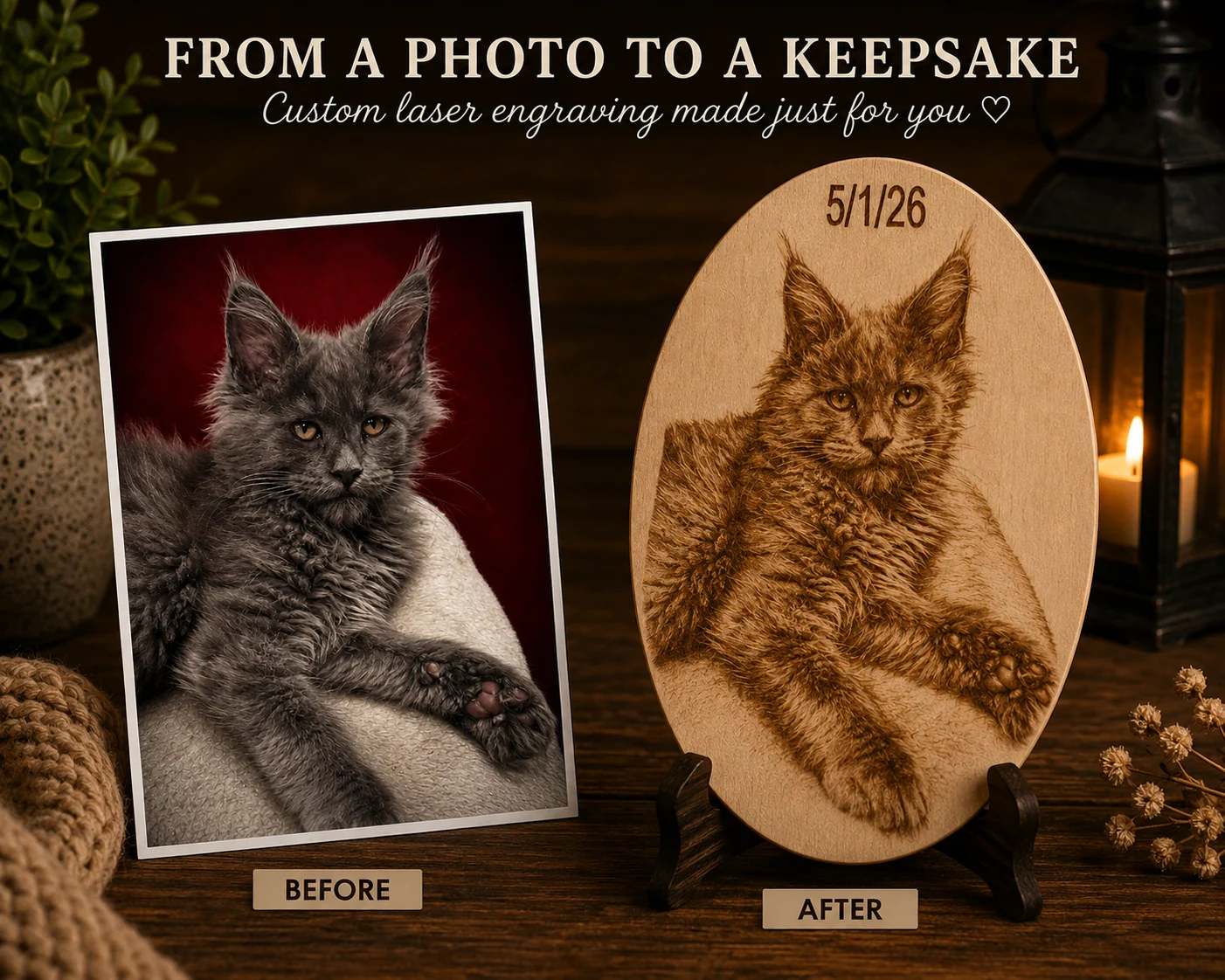 Blue cat Maine Coon kitten engraving