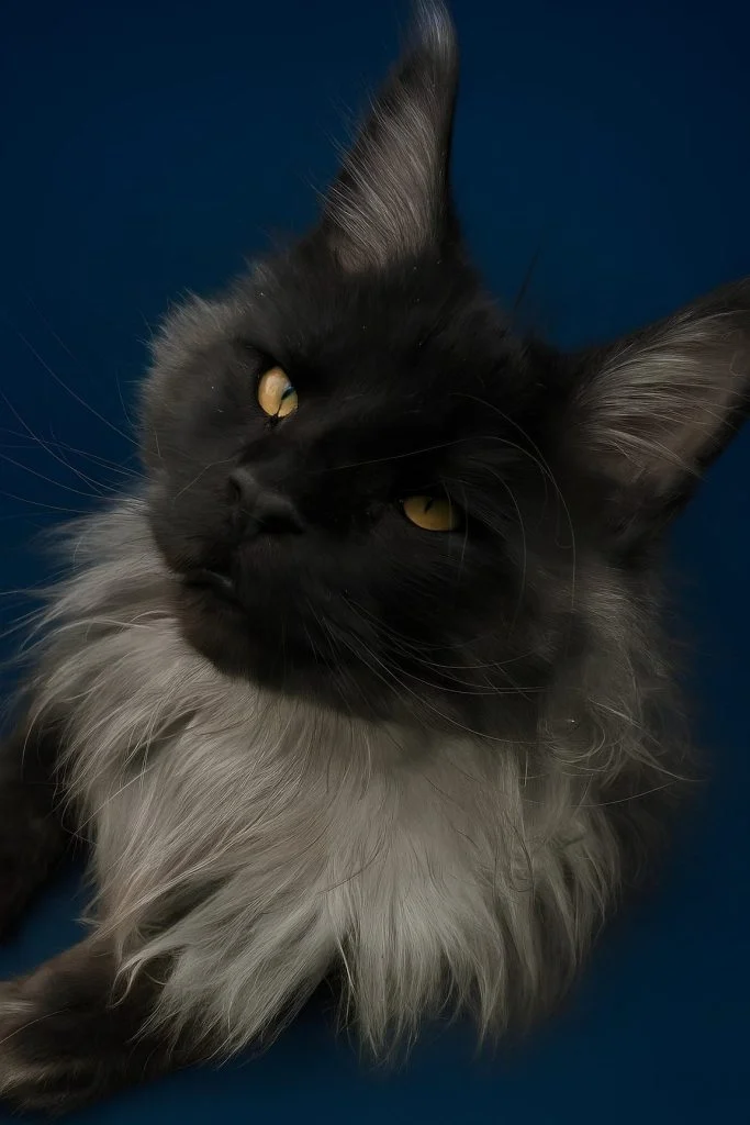 Black smoke Maine Coon male with a blue background and majestic thick fur coat