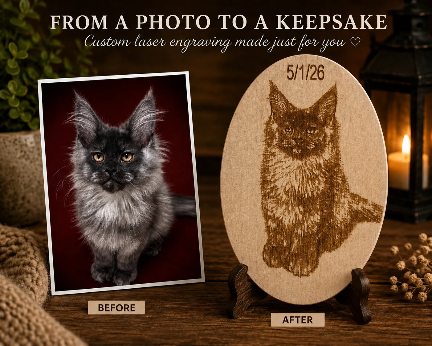 Black smoke Maine Coon kitten engraved