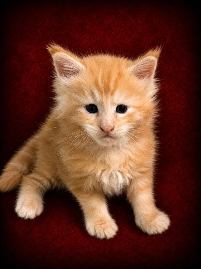 Red tabby Maine Coon male kitten with very rich red color