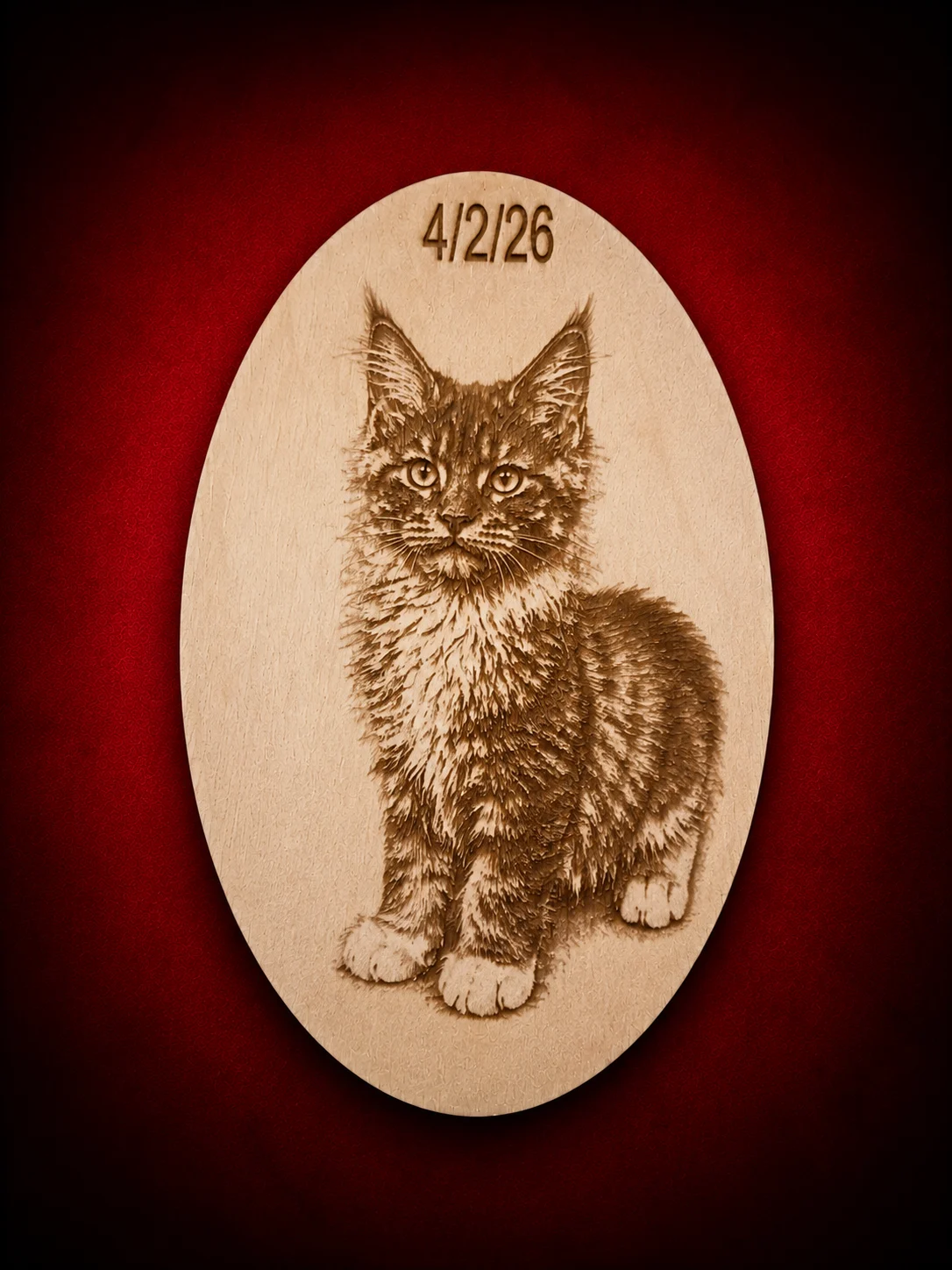 Wood engraving back and white Maine Coon cat