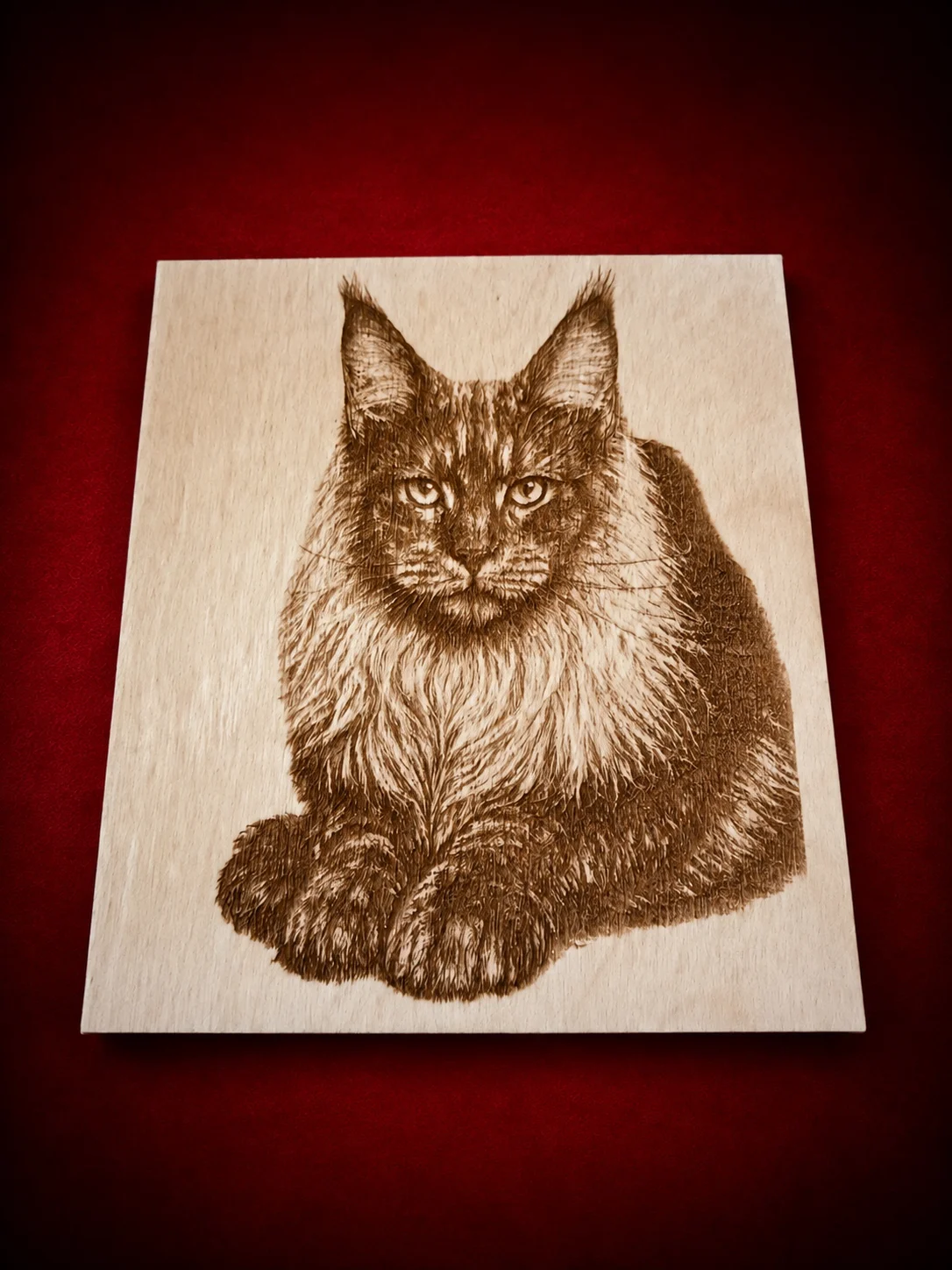 Wood engraving black smoke Maine Coon cat