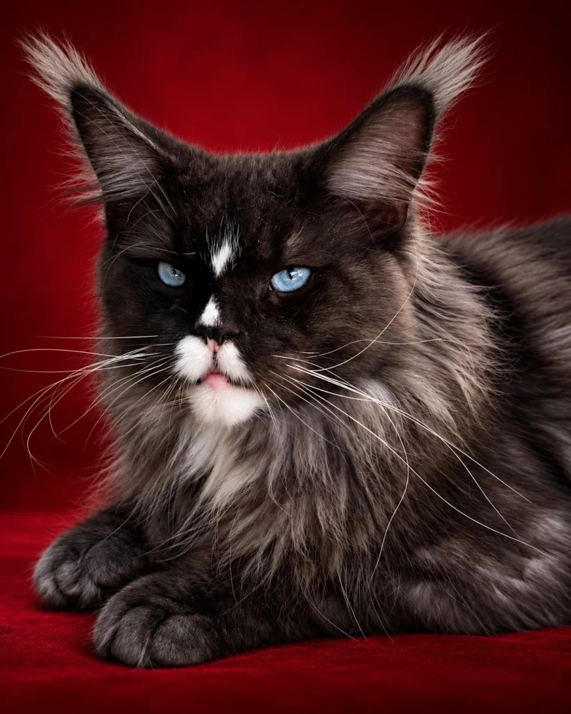 Frankie black smoke blue eye Maine Coon king. Beautiful face and eyes