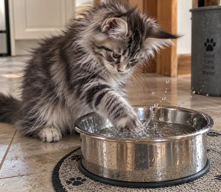 Maine Coon kitten pawing and playing in a water bowl