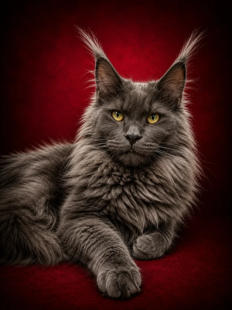 Poppy, a solid blue female Maine Coon with a great expression at Majestic Maine Coon Cats