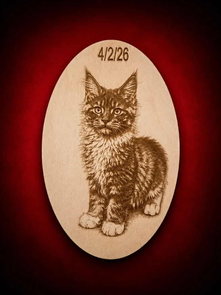 Wood engraving back and white Maine Coon cat
