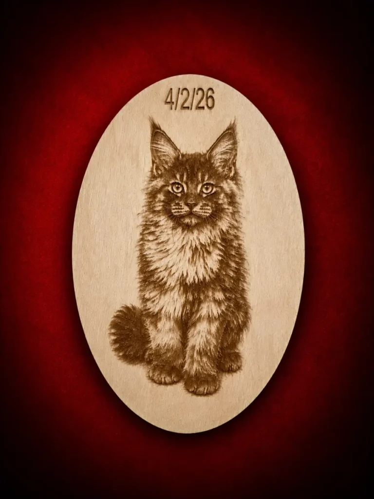 Wood engraving black and white Maine Coon kitten