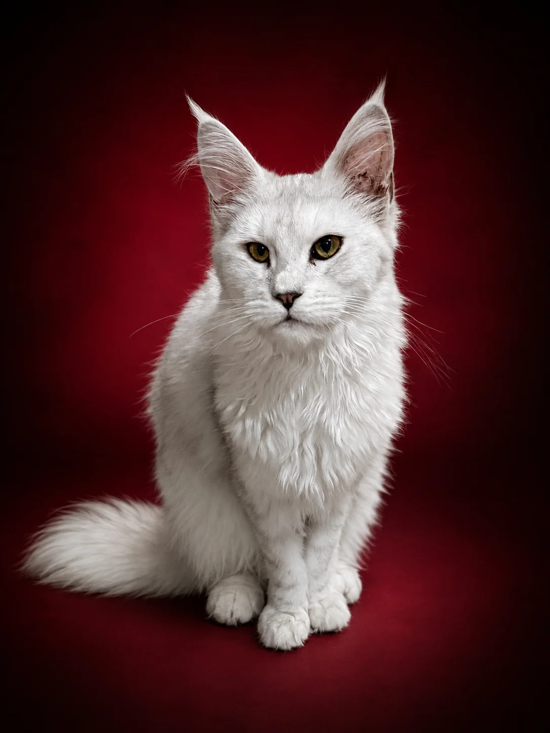 Zara shaded black silver Maine Coon queen in a red background